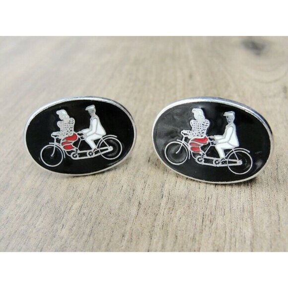 Cufflinks Tandem Bicycle Man Woman Tux Shirt Dress Suit Vintage - Picture 3 of 7